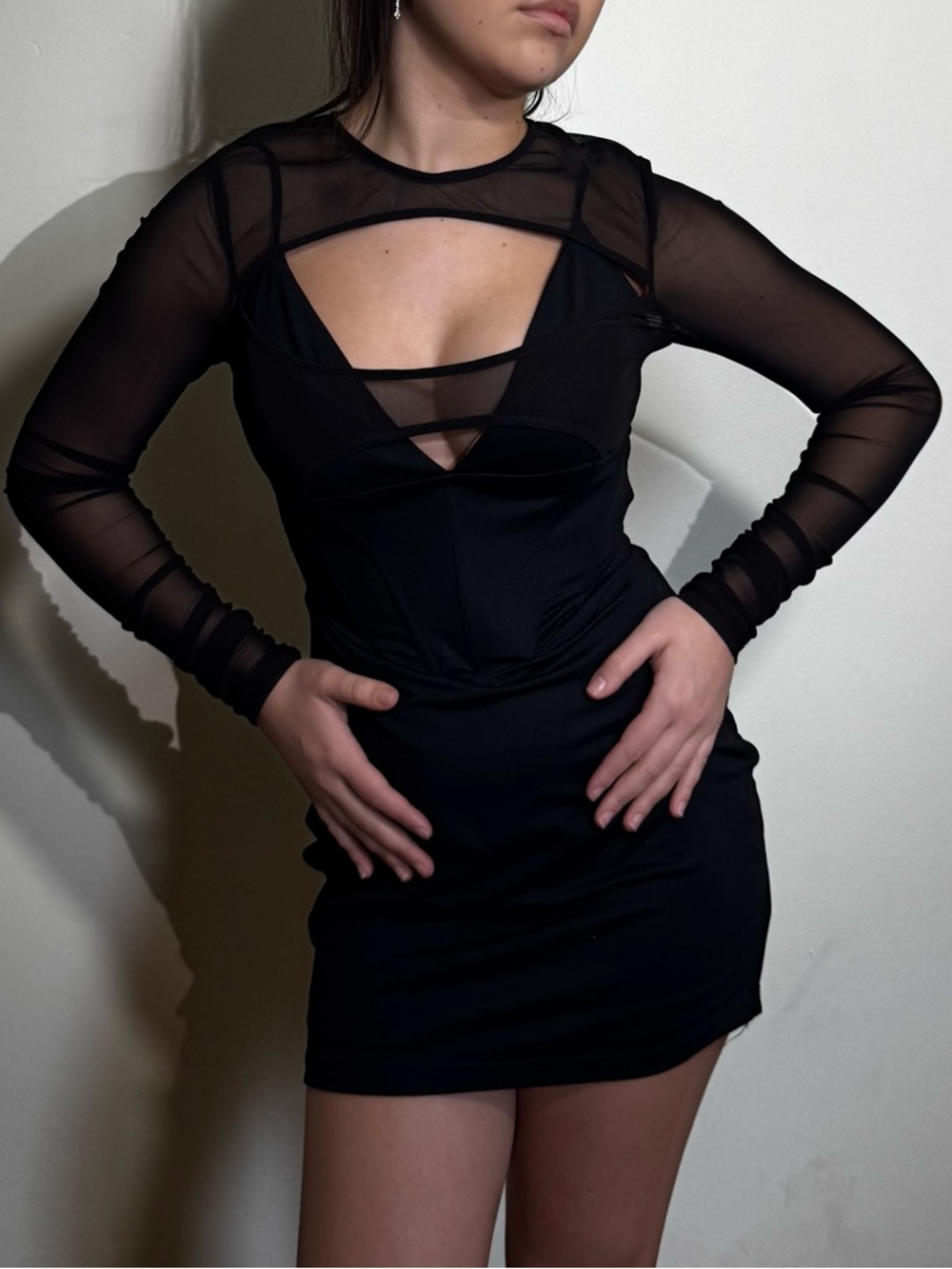 Black High Neck Cut Out Mini Dress With Mesh Sleevs